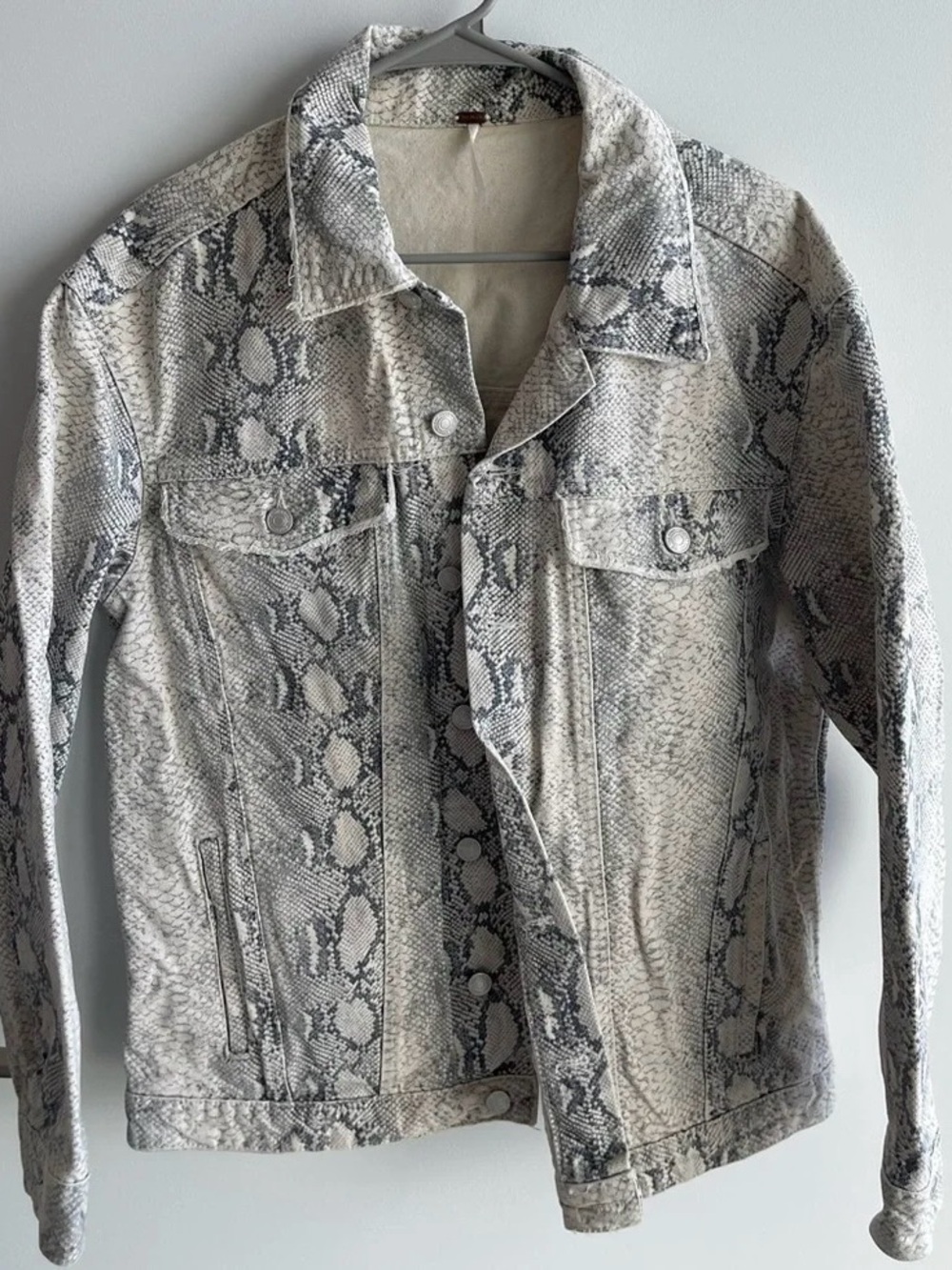 Free People Oversized Neutral Snake-Print Jean Jacket - Ivory and Gray